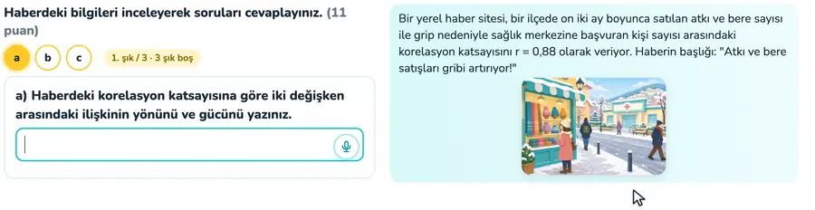 Korelasyon ve nedensellik ayrımı 11. sınıf matematik provasında haberdeki korelasyon ile neden sonuç çıkarımının örnek cevap üzerinden değerlendirildiği animasyon