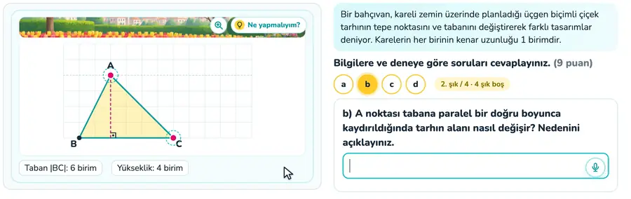 Üçgenin alanı ve yüksekliği 10. sınıf matematik provasında kareli zeminde üçgenin tepe noktası ve tabanı sürüklenerek alanının incelendiği animasyon