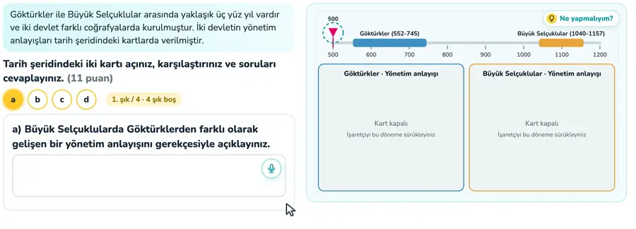 10. sınıf tarih provasında Göktürk ve Büyük Selçuklu yönetim kartları açılıp değişim ve sürekliliğin yazıldığı animasyon