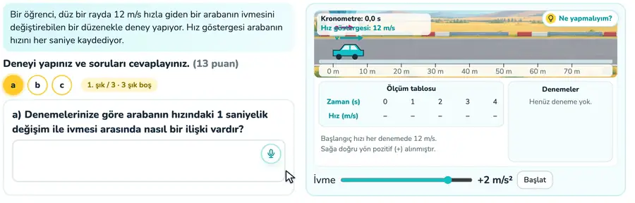 İvme ve hız değişimi 10. sınıf fizik provasında arabanın ivmesi değiştirilip her saniyedeki hızının tabloya yazıldığı animasyon