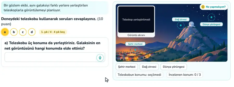 7. sınıf fen bilimleri provasında teleskop üç konuma yerleştirilip galaksi görüntülerinin karşılaştırıldığı animasyon