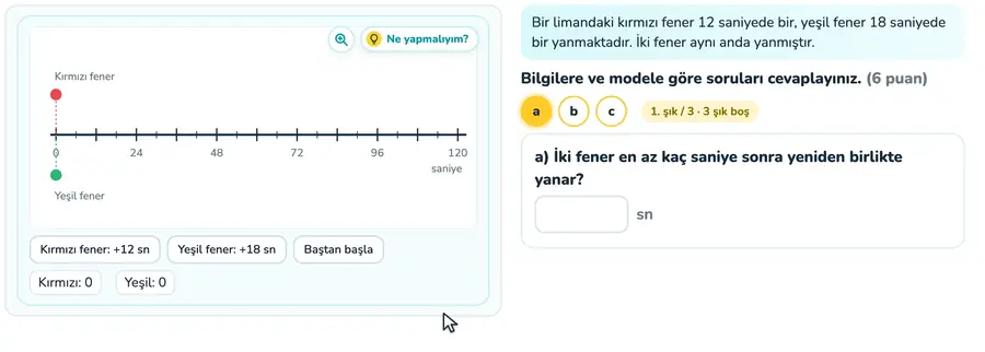 Fenerlerin birlikte yanma anı 8. sınıf matematik provasında iki fenerin yanma anları işaretlenip birlikte yandıkları anın EKOK ile bulunduğu animasyon