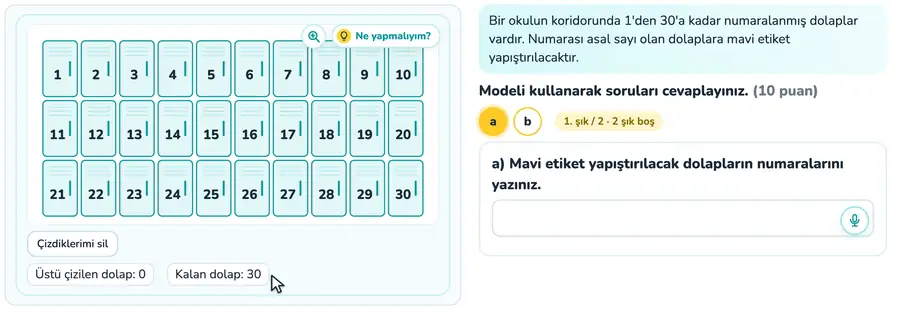 Asal sayı kalburu 6. sınıf matematik provasında 1'den 30'a kadar numaralı dolaplarda asal olmayanların çizildiği animasyon