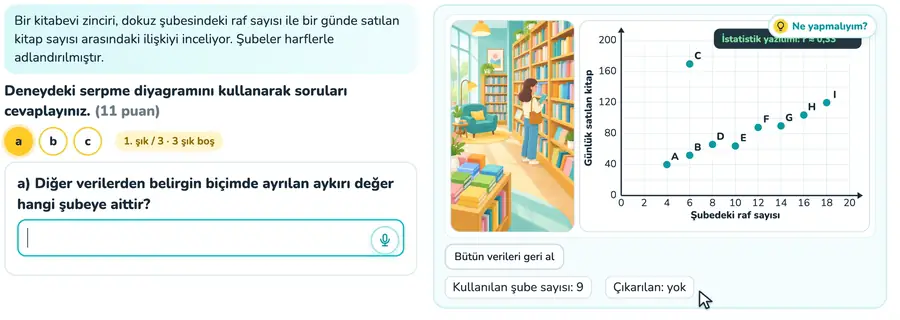 Aykırı değer ve korelasyon 11. sınıf matematik provasında aykırı veri noktasının çıkarılıp korelasyon değişiminin izlenerek yorumlandığı animasyon