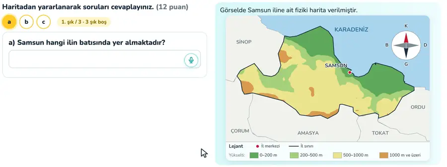 Fiziki haritada yön ve yükselti 6. sınıf sosyal bilgiler provasında Samsun fiziki haritasından yön ve yükselti sorularının cevaplandığı animasyon