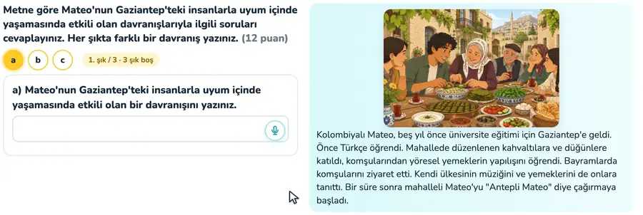 5. sınıf sosyal bilgiler provasında Mateo'nun uyum davranışlarının alt maddelere sırayla yazıldığı animasyon
