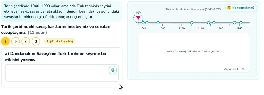 10. sınıf tarih provasında tarih şeridinde Dandanakan ve Kösedağ savaşlarının kartlarının açılıp etkilerinin yazıldığı animasyon