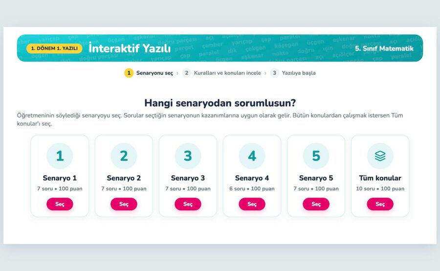 Senaryo seçim ekranı 5. sınıf matematik interaktif yazılısında beş senaryo ve tüm konular seçeneğinin yer aldığı senaryo seçim ekranı
