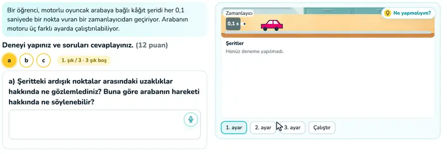 Şerit zamanlayıcıyla hız 10. sınıf fizik provasında şerit zamanlayıcıyla oyuncak arabanın hareketi kaydedilip hızının hesaplandığı animasyon