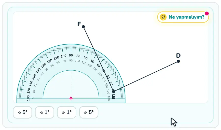 Açıölçerle açı ölçme 5. sınıf matematik provasında açıölçer E köşesine yerleştirilip döndürülerek DEF açısının ölçüldüğü animasyon