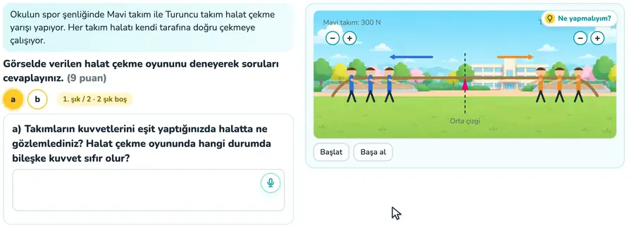 6. sınıf fen bilimleri provasında takım kuvvetleri değiştirilerek halat çekme oyununda bileşke kuvvetin gözlendiği animasyon