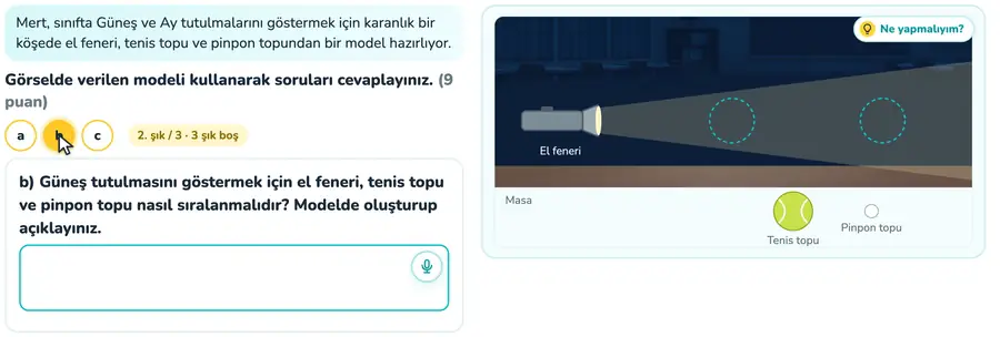 6. sınıf fen bilimleri provasında el feneri, pinpon ve tenis topuyla Güneş tutulması modelinin kurulduğu animasyon