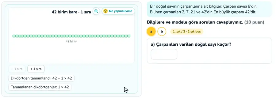 Dikdörtgen modeliyle çarpanlar 6. sınıf matematik provasında 42 birim karenin sıralara dizilerek çarpan çiftlerinin bulunduğu animasyon