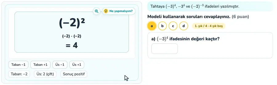 Negatif tabanlı üslü ifadeler 8. sınıf matematik provasında negatif tabanlı üslü ifadede üs değiştirilip sonucun işaretinin incelendiği animasyon