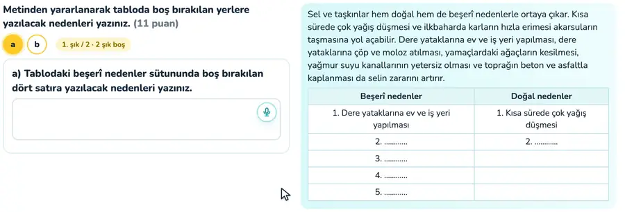 Sel nedenleri tablosu 6. sınıf sosyal bilgiler provasında sel ve taşkın metninden tablodaki boş satırlara gelecek nedenlerin yazıldığı animasyon