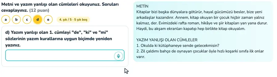 De, ki ve mi yazımı 6. sınıf Türkçe provasında de, ki ve mi yazım yanlışı olan cümlelerin doğru yazıldığı animasyon