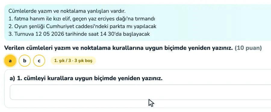Yazım ve noktalama düzeltme 5. sınıf Türkçe provasında yazım ve noktalama yanlışları olan cümlelerin kurallara uygun yeniden yazıldığı animasyon