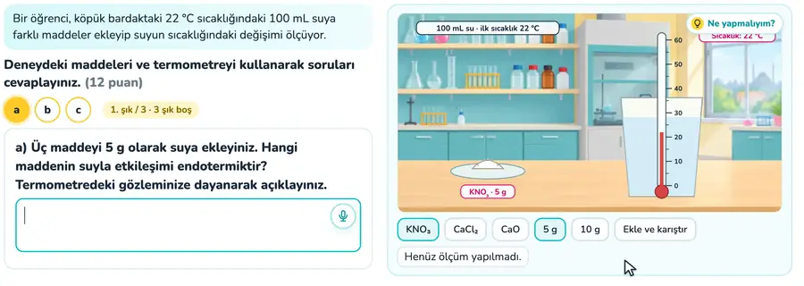 Endotermik çözünmede sıcaklık değişimi 11. sınıf kimya provasında KNO₃ çözünürken sıcaklığın düşüşünün termometrede izlenip örnek cevapla açıklandığı animasyon