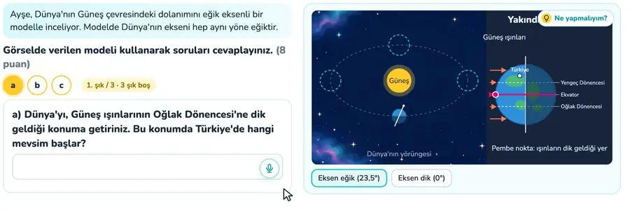 Eksen eğikliği ve mevsimler 8. sınıf fen bilimleri provasında Dünya modeli yörüngede sürüklenip eksen eğikliğinin mevsimlere etkisinin incelendiği animasyon