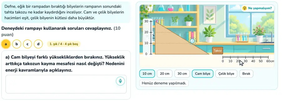 7. sınıf fen bilimleri provasında rampadan farklı yüksekliklerden bırakılan bilyenin takozu kaydırdığı animasyon