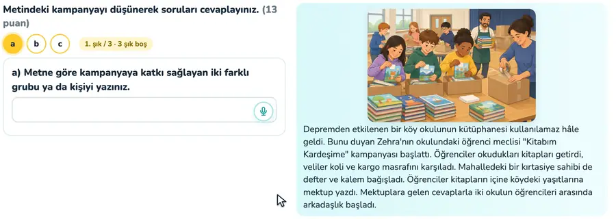 5. sınıf sosyal bilgiler provasında köy okuluna kitap gönderme kampanyasıyla ilgili iki alt maddenin cevaplandığı animasyon