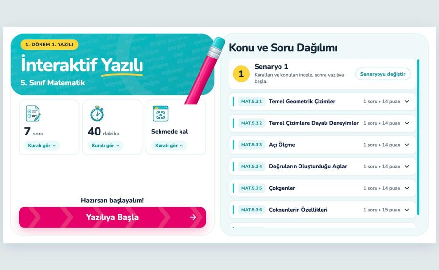 Kurallar ve konu dağılımı 5. sınıf matematik yazılı provasında soru sayısı, 40 dakika süre ve öğrenme çıktılarına göre konu soru dağılımı