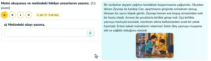 Hikâye unsurları sorusu 6. sınıf Türkçe provasında yavru köpek hikâyesinin olay, yer ve zaman unsurlarının yazıldığı animasyon