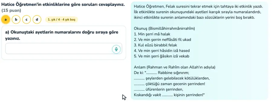 6. sınıf din kültürü ve ahlak bilgisi provasında Felak suresinin ayetleri sıralanıp anlamındaki boşlukların tamamlandığı animasyon