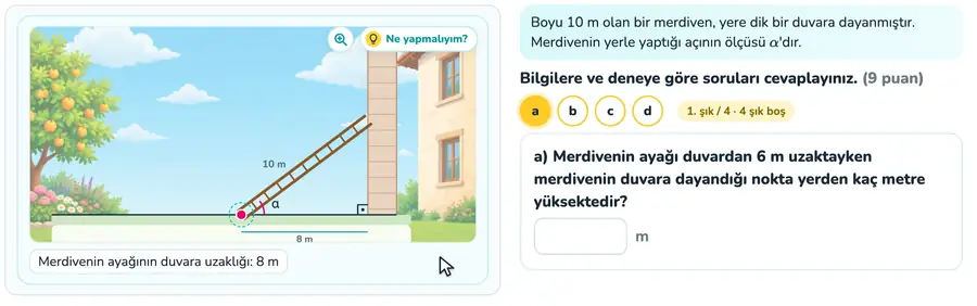 Merdivende sinüs ve kosinüs 10. sınıf matematik provasında merdivenin ayağı sürüklenip dik üçgendeki sinüs ve kosinüs değişiminin gösterildiği animasyon