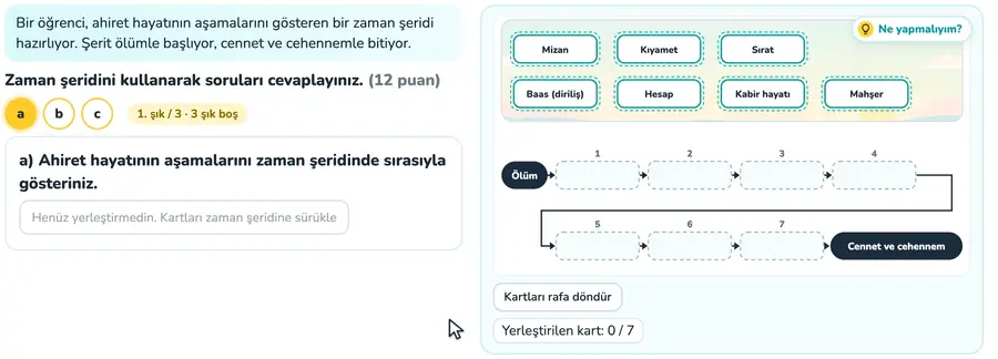 Ahiret hayatı zaman şeridi 7. sınıf din kültürü ve ahlak bilgisi provasında ahiret hayatının aşamalarının zaman şeridine sıralandığı animasyon