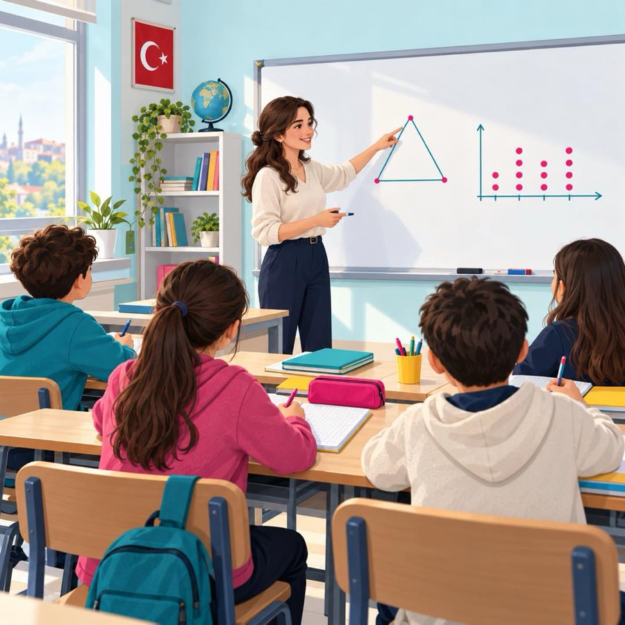 6. sınıf matematik dersi 6. sınıf matematik dersinde öğretmenin tahtada üçgen ve nokta grafiği anlattığı sınıf illüstrasyonu