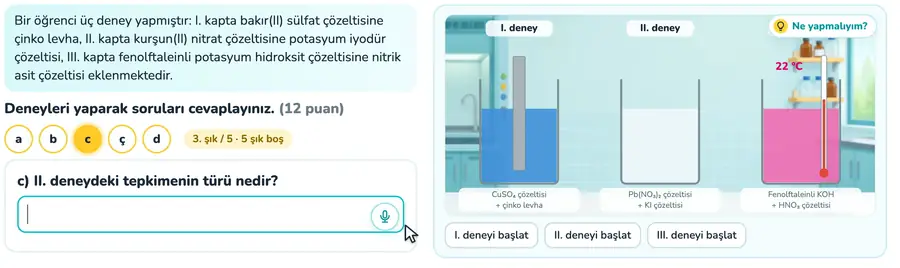 Tepkime türlerini ayırt etme 10. sınıf kimya provasında üç kapta tepkimeler başlatılıp gözlemlere göre tepkime türlerinin yazıldığı animasyon