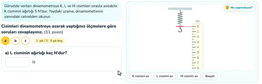 Dinamometreyle ağırlık ölçme 5. sınıf fen bilimleri provasında K, L ve M cisimleri asıldıkça dinamometre yayının uzadığı animasyon