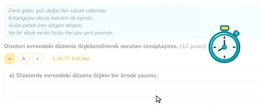 Evrendeki düzen sorusu 5. sınıf din kültürü ve ahlak bilgisi provasında şiir dizelerinden evrendeki düzene iki örneğin yazıldığı animasyon